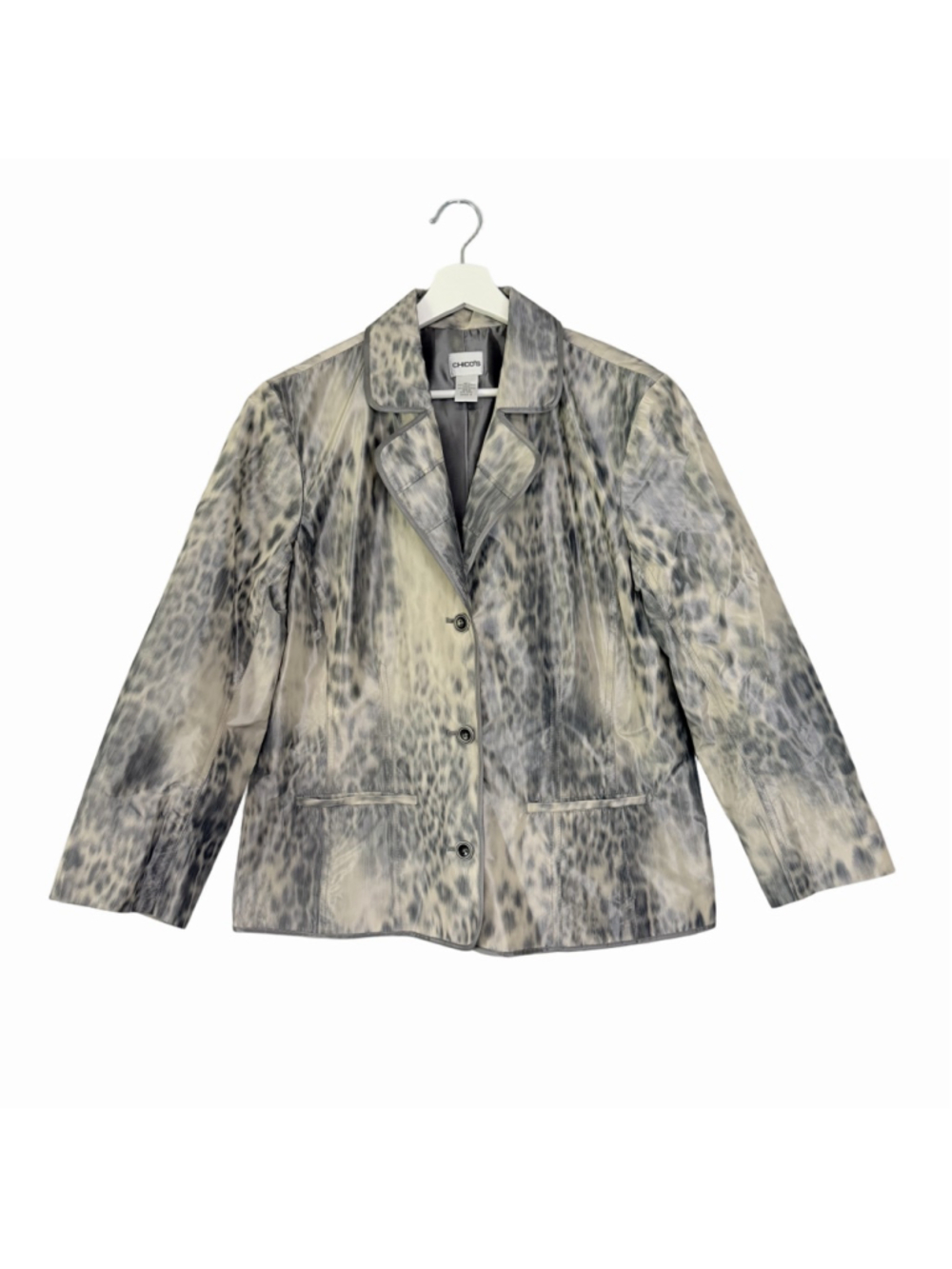 Chico's Gray Beige Leopard Print Blazer Jacket Women's Size 2 US Large - Picture 2 of 10
